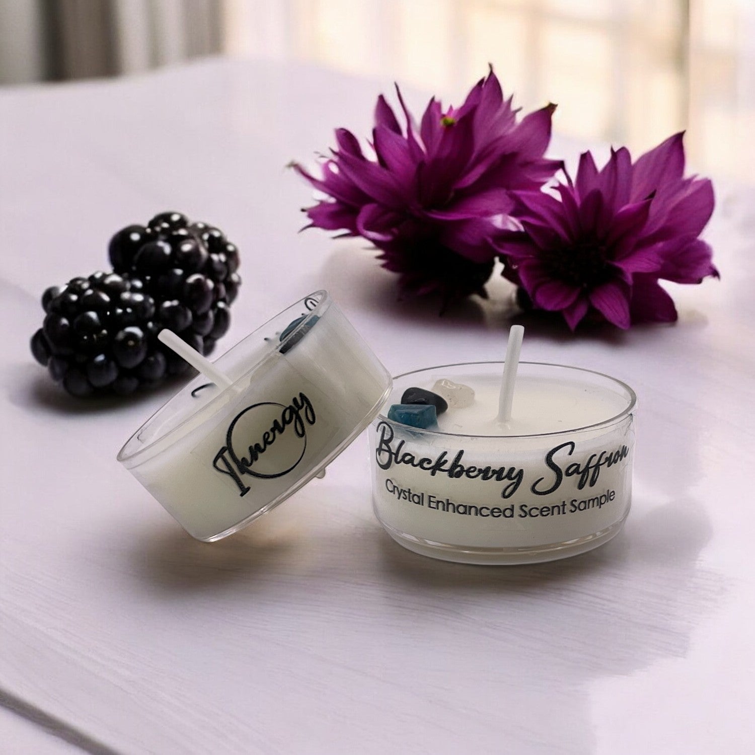 Blackberry Saffron, Premium Coconut-Soy Wax Tea Light Crystal Candle, 1oz