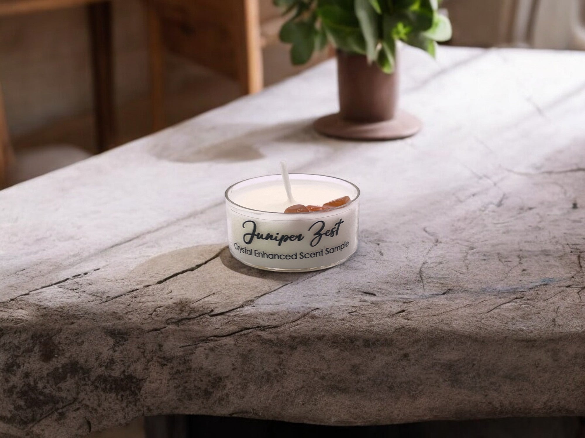 Juniper Zest, Premium Coconut-Soy Wax Tea Light Crystal Candle, 1oz