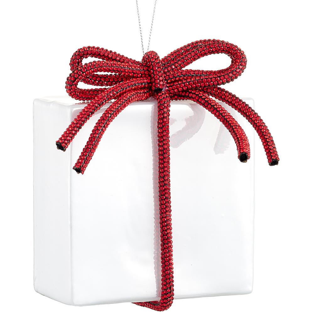 Christmas Carousel Collection - 4.5" Glass Present Ornament With Diamond Bow Trim